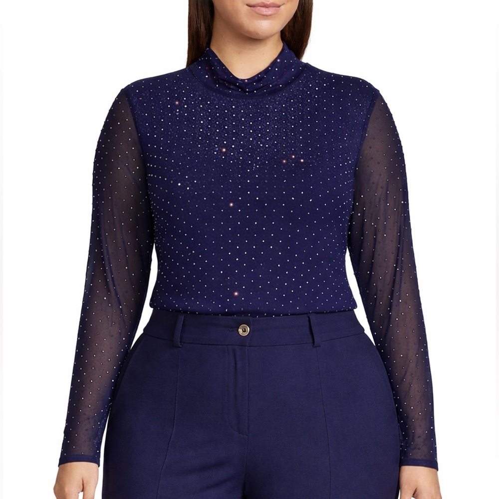 NWT Notations Navy‎ Sheer Mesh Rhinestone Mock Neck Top – XL